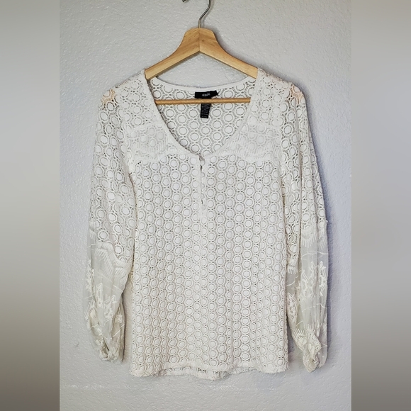💚5/$25 Alfani White Crochet Lace Puff Sleeve Blouse Relaxed Fit Boho Top Small - Picture 1 of 11
